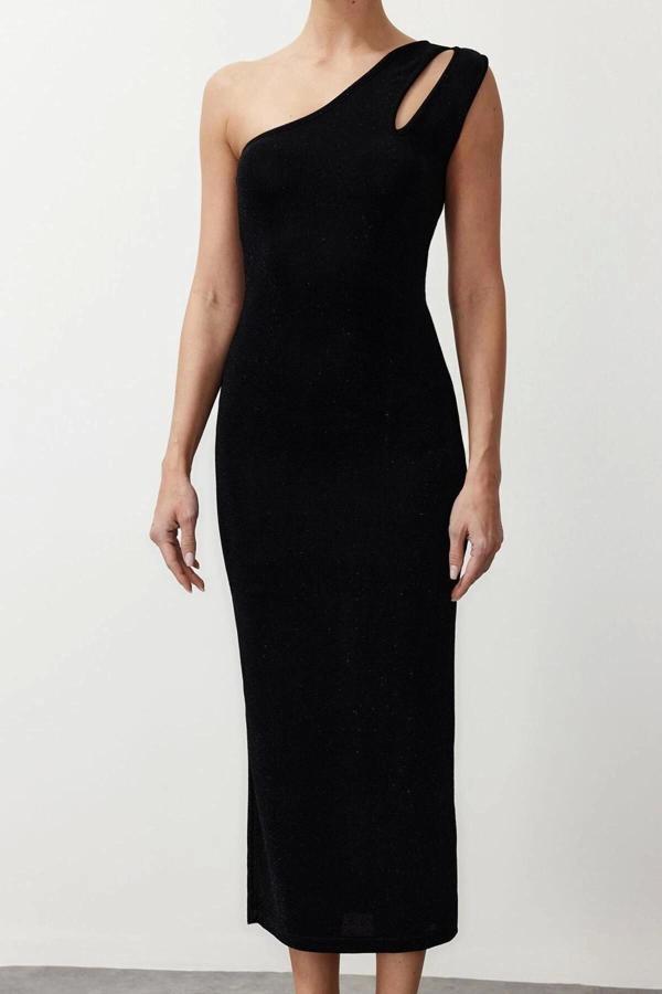 Moda Slim Gündüz Gece Dokulu Tül Kumaş Örme Asimetrik Yaka Kolsuz Kol Bodycone Midi Boy Elbise - Image 1