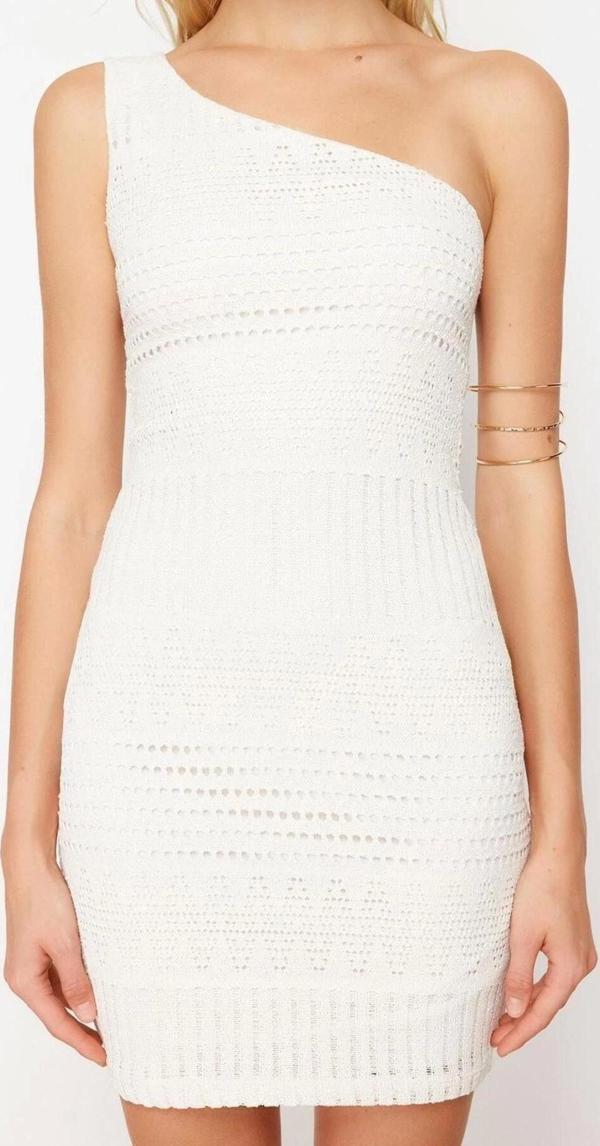 Moda Slim Casual Günlük Triko Görünümlü Örme Asimetrik Yaka Kolsuz Kol Bodycone Mini Boy Elbise - Image 1