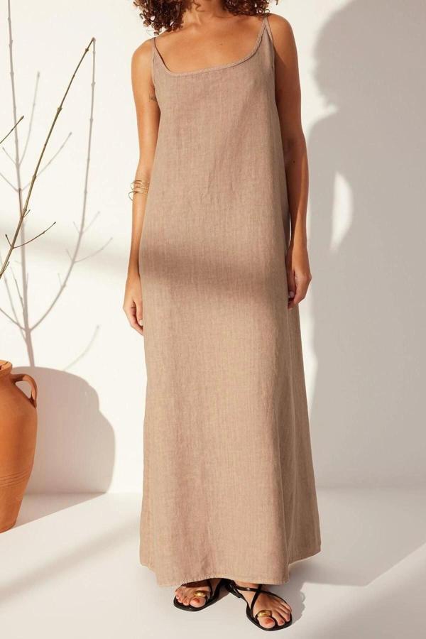 Moda Oversize Casual Günlük Rigid Denim V Yaka Askılı Kol Basic Maxi Boy Elbise - Image 1