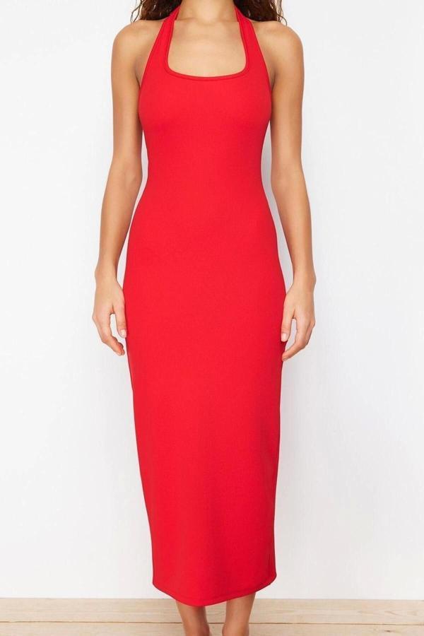 Moda Slim Günlük Polyester Kaşkorse Örme Boyundan Bağlamalı Kolsuz Kol Bodycone Maxi Boy Elbise - Image 1