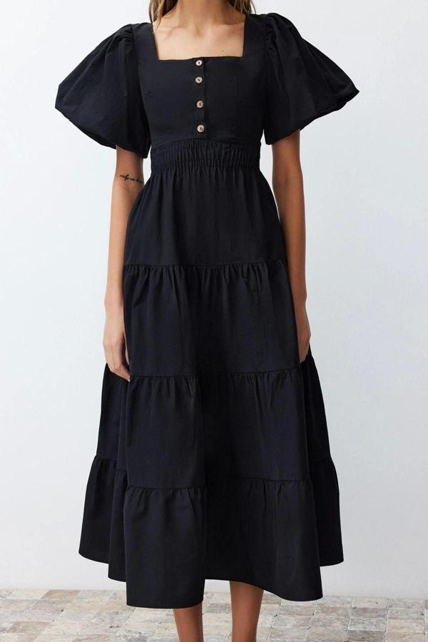 Moda Regular Casual Günlük Terrycotton Dokuma Kare Yaka Kısa Kol Skater Maxi Boy Elbise - Image 1