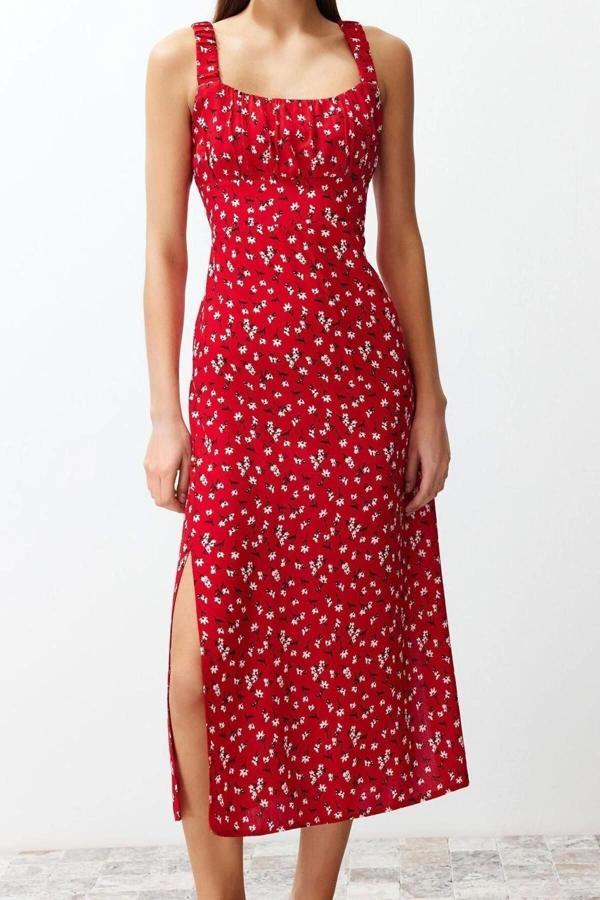 Moda Regular Casual Günlük Shally Dokuma Kare Yaka Askılı Kol A-Line Maxi Boy Elbise - Image 1