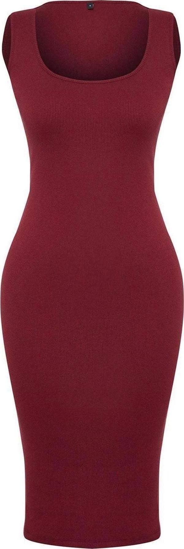 Moda Slim Casual Günlük Rejenere Kaşkorse Örme Havuz Yaka Kolsuz Kol Bodycone Midi Boy Elbise - Image 1