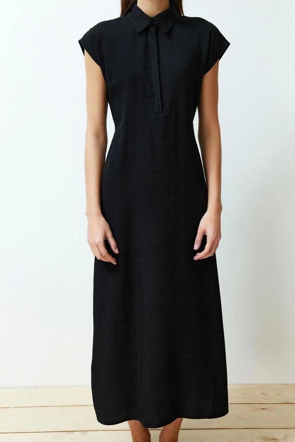 Moda Regular Casual Günlük Aerobin Dokuma Gömlek Yaka Kısa Kol A-Line Maxi Boy Elbise - Image 1