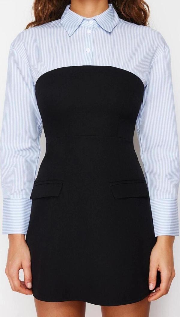 Moda Slim Gündüz Gece Finike Dokuma Gömlek Yaka Uzun Kol Bodycone Mini Boy Elbise - Image 1