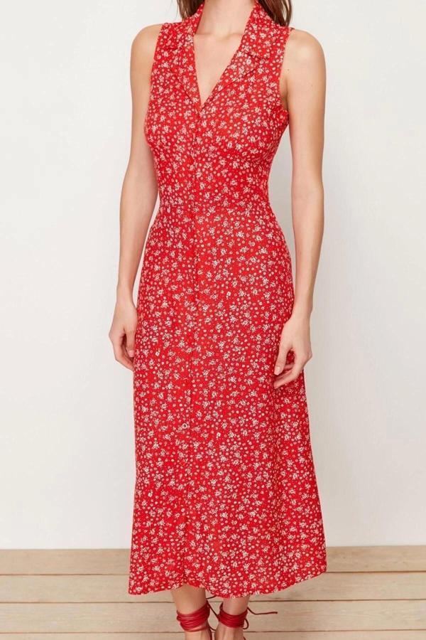 Moda Regular Casual Günlük Shally Dokuma Gömlek Yaka Kolsuz Kol Gömlek Elbise Midi Boy Elbise - Image 1