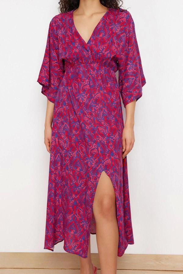 Moda Regular Casual Günlük Shally Dokuma Kruvaze Truvakar Kol Kol Skater Midi Boy Elbise - Image 1