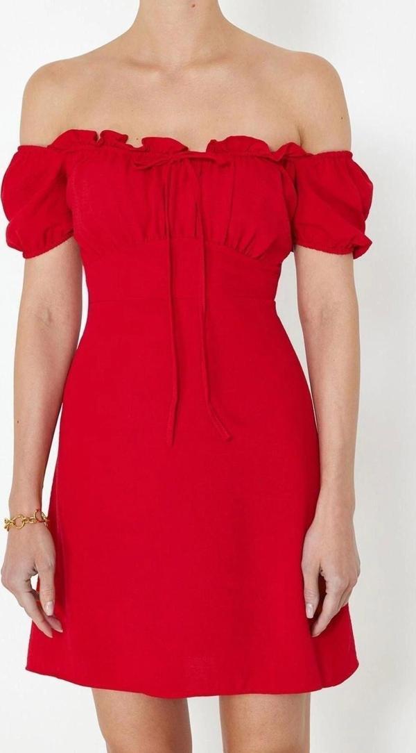 Moda Regular Gündüz Gece Krep Dokuma Carmen Yaka Kısa Kol A-Line Mini Boy Elbise - Image 1