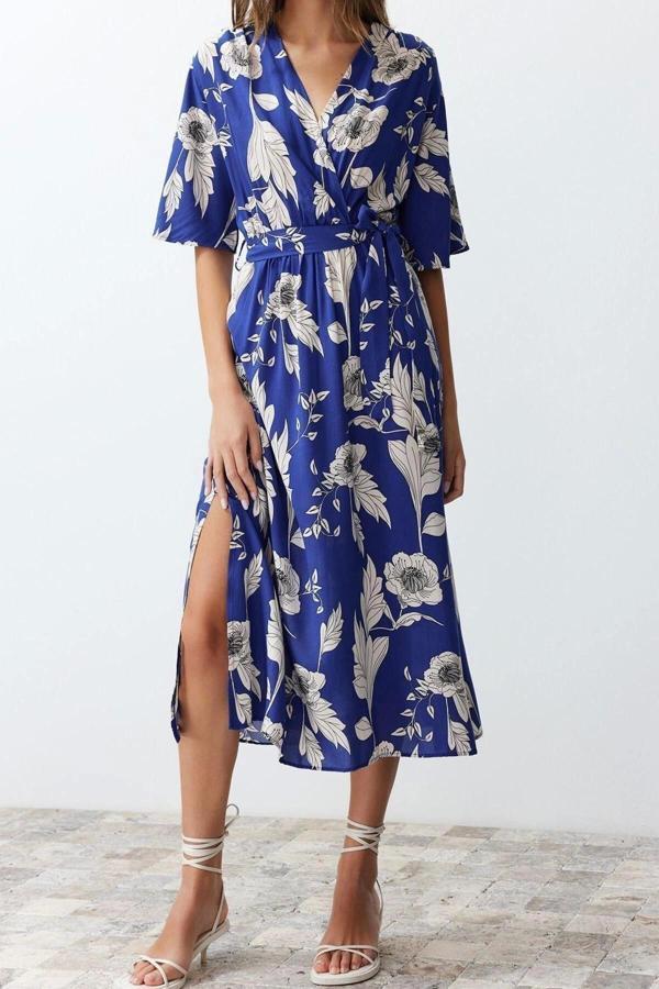 Moda Regular Casual Günlük Shally Dokuma Kruvaze Truvakar Kol Kol A-Line Midi Boy Elbise - Image 1