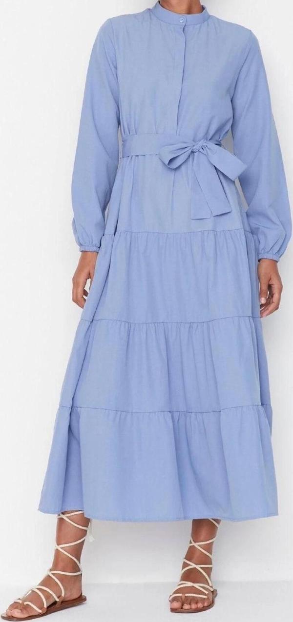 Moda Rahat Casual Günlük Terrycotton Dokuma Dik Yaka Uzun Kol Basic Maxi Boy Tesettür Elbise - Image 1