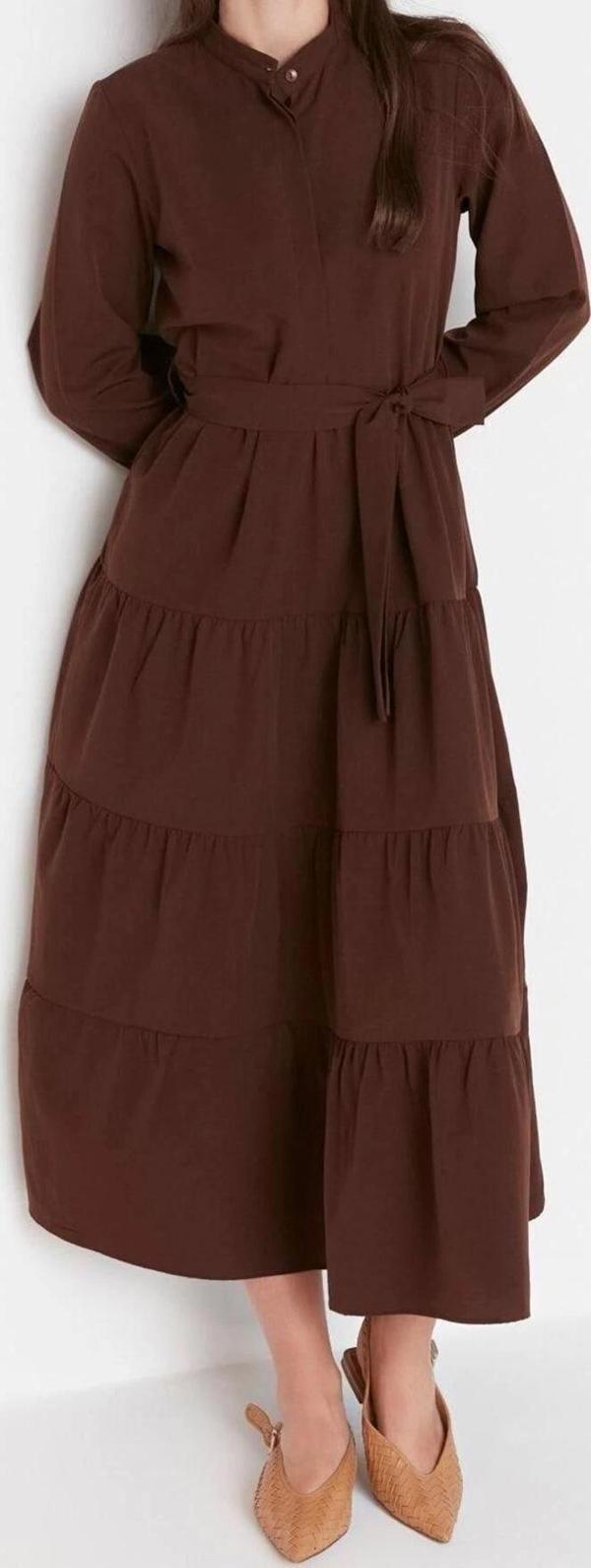 Moda Rahat Casual Günlük Terrycotton Dokuma Dik Yaka Uzun Kol Basic Maxi Boy Tesettür Elbise - Image 1