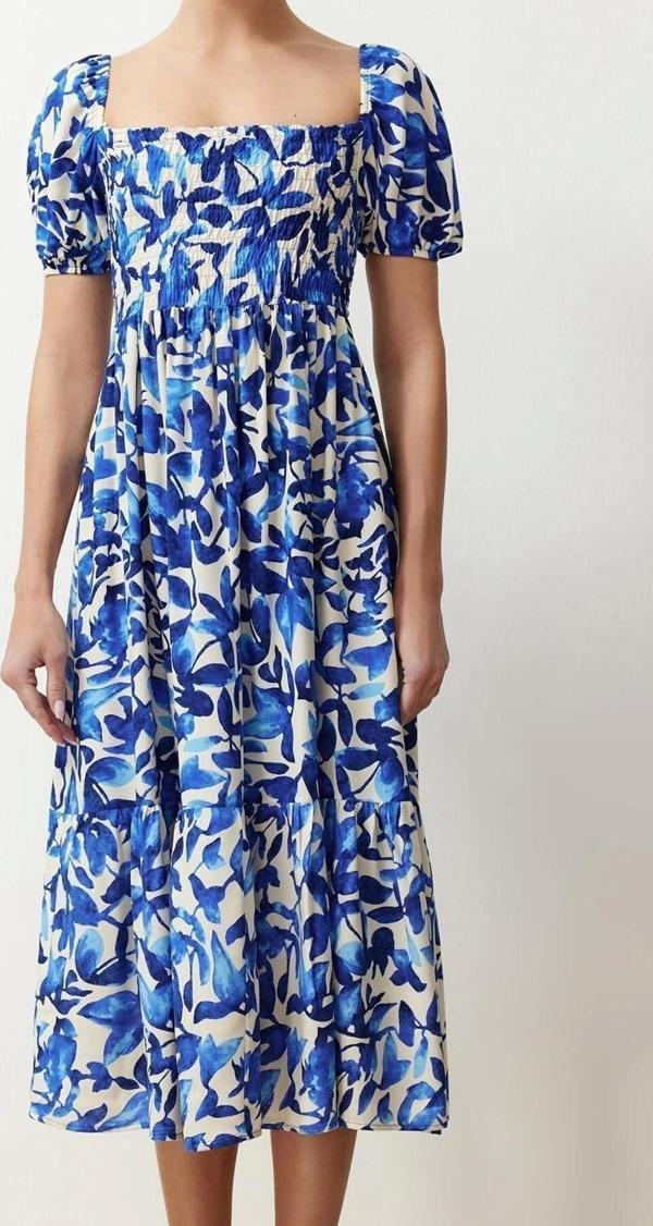 Moda Regular Casual Günlük Shally Dokuma Kare Yaka Kısa Kol Skater Midi Boy Elbise - Image 1