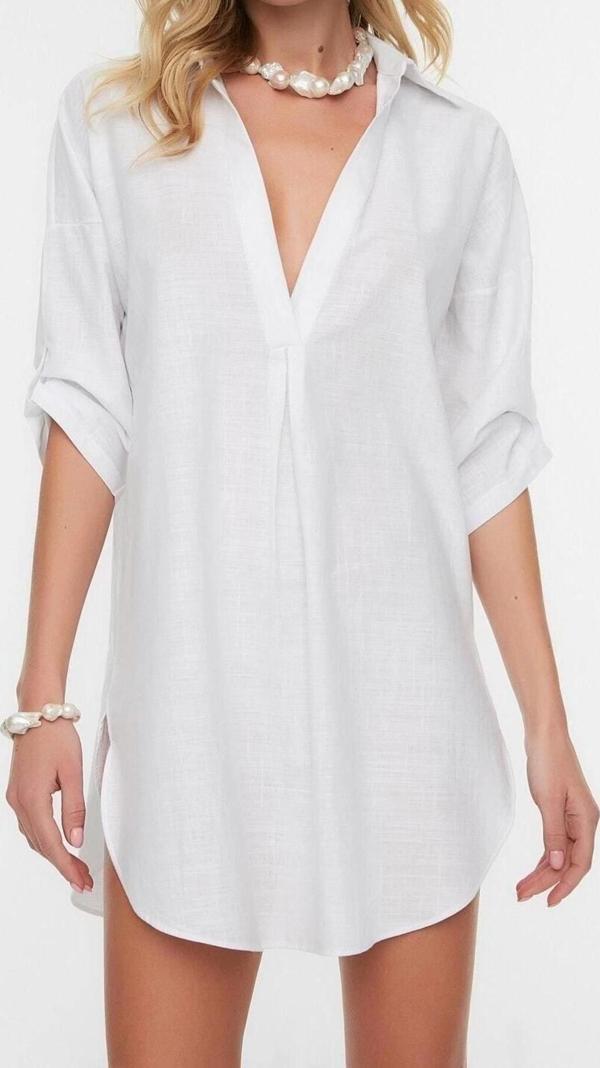 Moda Uzun Kollu V Yaka Mini Elbise Mavi Mini Dokuma %100 Pamuklu Plaj Elbisesi - Image 1