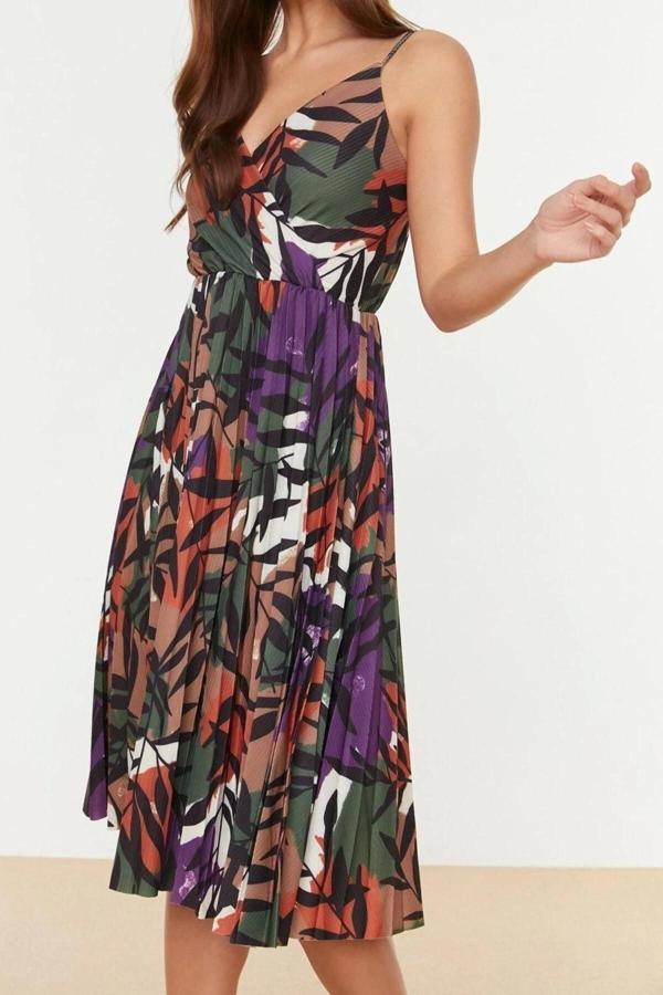 Moda Askılı Lacivert Desenli Belden Açılan Skater Midi Kruvaze Piliseli Askılı Örme Elbise - Image 1