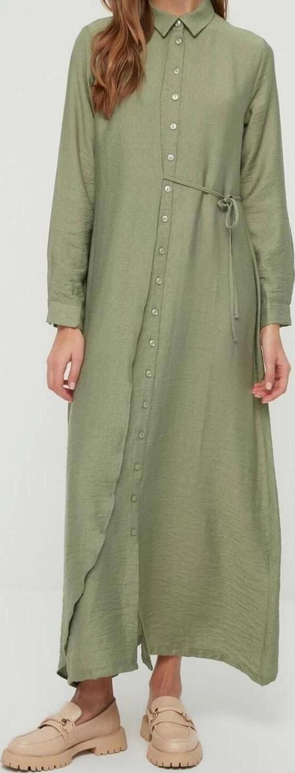 Moda Regular Günlük Keten Aerobin Dokuma Ceket Yaka Uzun Kol Gömlek Elbise Maxi Boy Tesettür Elbise - Image 1
