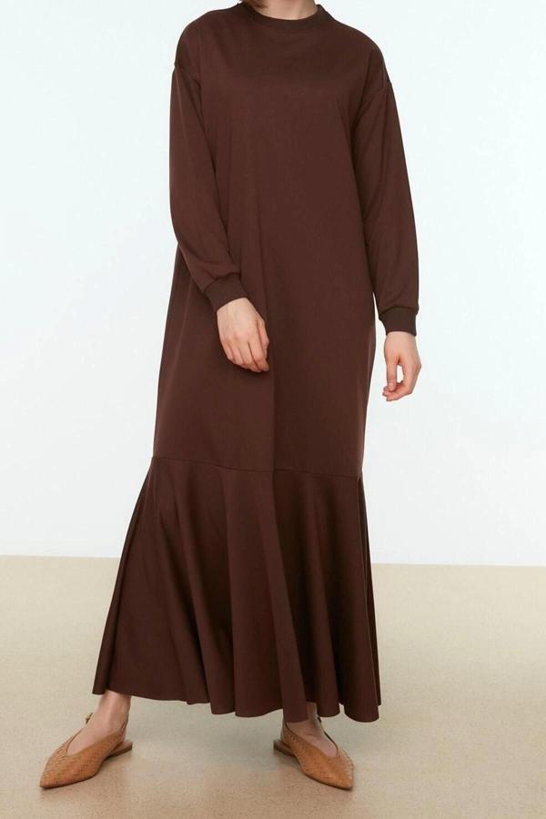 Moda Rahat Casual Günlük 2 İplik Örme Bisiklet Yaka Uzun Kol Skater Uzun Boy Tesettür Elbise - Image 1