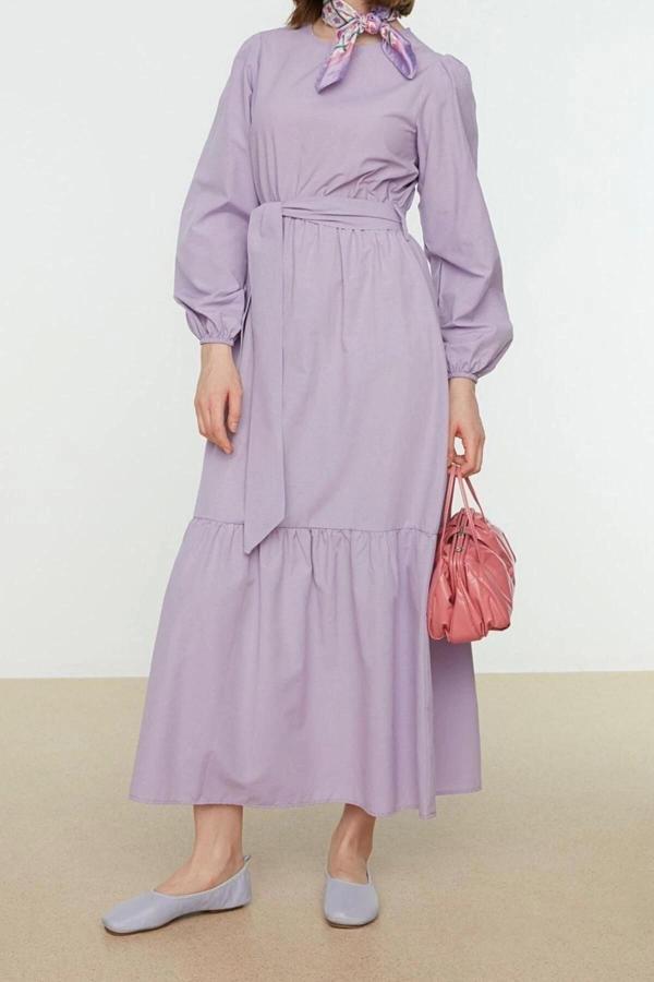 Moda Regular Casual Günlük Terrycotton Dokuma Bisiklet Yaka Uzun Kol Skater Maxi Boy Tesettür Elbise - Image 1