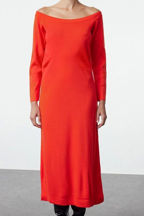 Moda Stil Regular Kayık Yaka Midi Boy Triko Elbise - Image 1