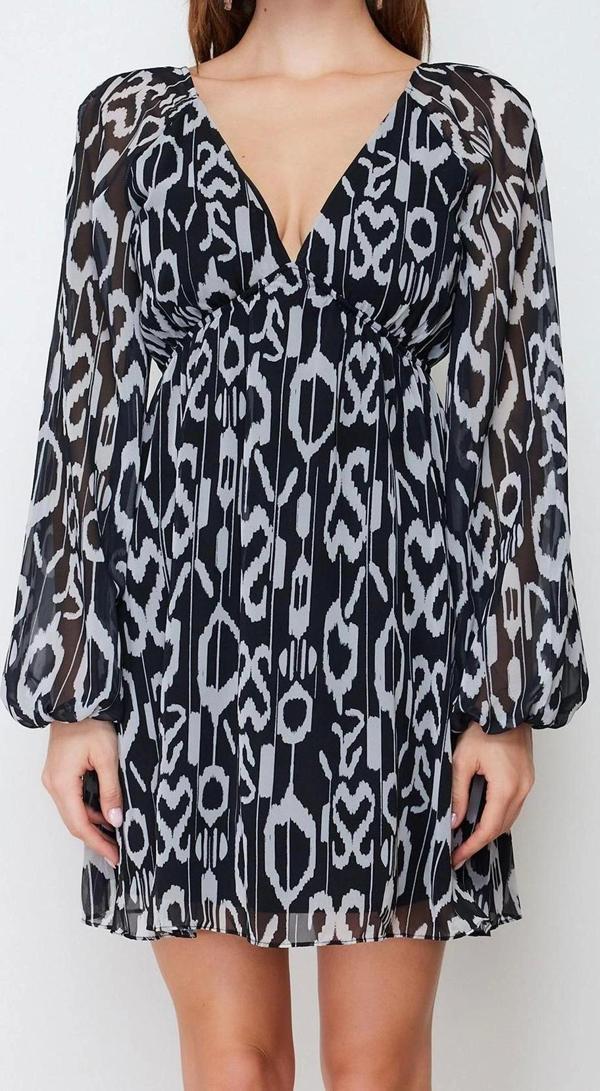 Moda Regular Gündüz Gece Şifon Dokuma V Yaka Uzun Kol A-Line Mini Boy Elbise - Image 1