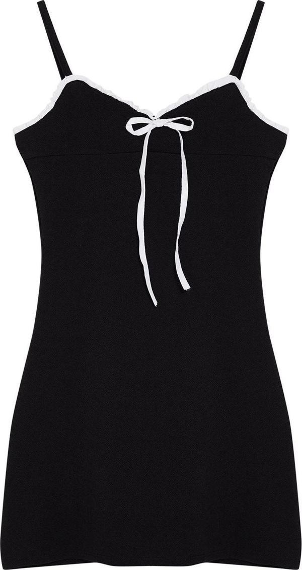 Moda Stil Slim Havuz Yaka Mini Boy Renk Bloklu Fiyonk Detaylı Bodycone Vücuda Oturan Örme Elbise - Image 1