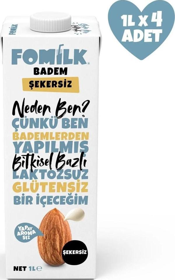 Badem Sütü Glutensiz Bitkisel Bazlı Laktozsuz Vegan Şekersiz 1 L x 4 Adet - Image 1