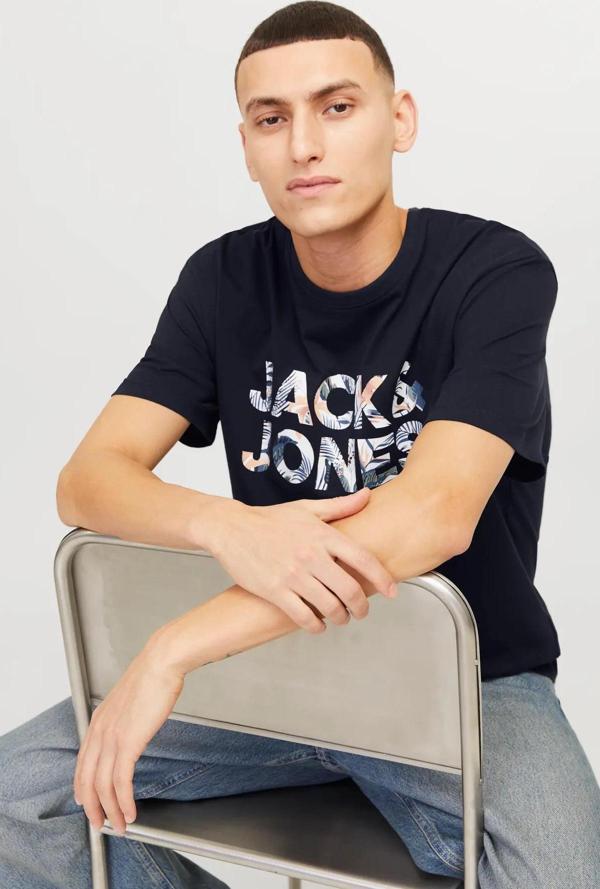 Jack&Jones Erkek Jjebryan Yazı Detaylı Bisiklet Yaka %100 Pamuk T-Shirt 12268127 Lacivert - Image 1