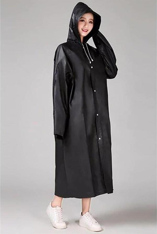 Siyah Kadın Erkek Yağmurluk Kapüşonlu Çıtçıtlı Eva Unisex Pratik Kapşonlu Yağmurluk XL Büyük Beden - Image 1