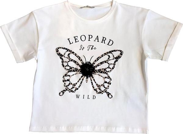 Kız Çocuk Leopar Baskılı Çiçek Aksesuarlı Tshirt - Image 1
