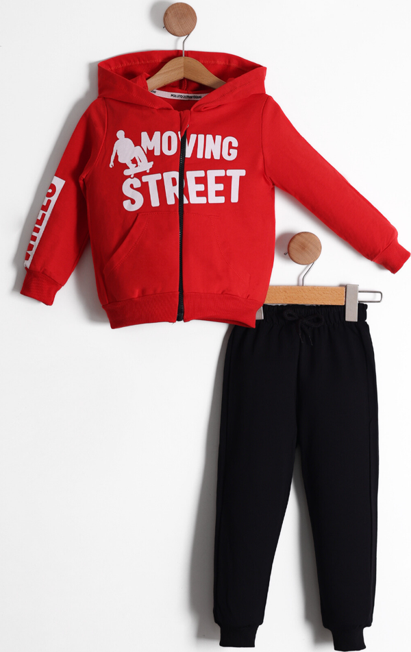 Erkek Çocuk Kanguru Cepli Street Baskılısı Fermuarlı Hırka 2'li Eşofman Takımı - Image 1