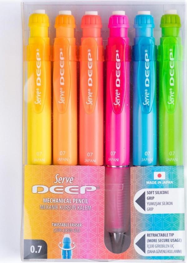 Serve Deep Mekanik Kurşun Kalem 6lı Set 0.7mm- Fosforlu Renkler - Image 1