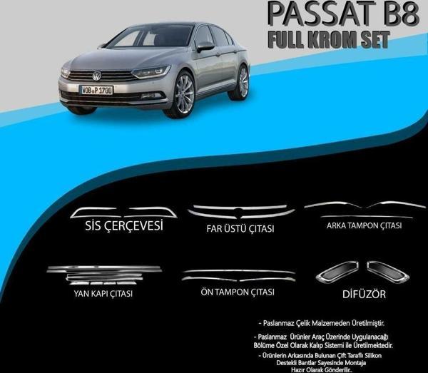 Volkswagen Passat Uyumlu B8 Krom Set (Yan Kapı Çıt.-Ön Tampon Çıt.-Difüzör-Sis Çer.-Far Üst Çıt.-Arka Tampon Çıta.) Parç - Image 1