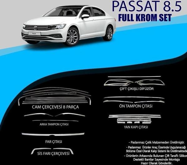 Volkswagen Passat Uyumlu B8.5 Krom Set (Cam Çerçeve.-Yan Kapı Çıt.-Difüzör Çıta-Ön Tampon Çıta.-Arka Tampon Çıt.-Far Çıt - Image 1