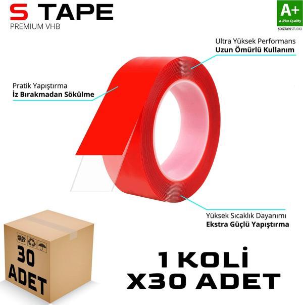 S-Dizayn Çift Taraflı Bant 20mm x 5 Metre Şeffaf Silikon VHB Bant 30'lu Koli A+Kalite - Image 1