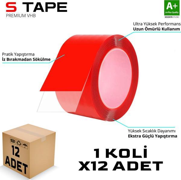 S-Dizayn Çift Taraflı Bant 50mm x 5 Metre Şeffaf Silikon VHB Bant 12'li Koli A+Kalite - Image 1