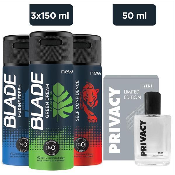 Blade Green Dream,MarineFresh,Self Confidence Erkek Deodorant  3x150Ml&Privacy Men Limited Edt 50 Ml - Image 1