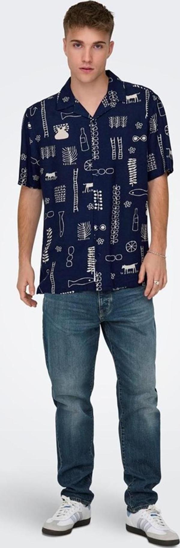 ONLY & SONS ONSALVIN REG SS OBJECT AOP RESORT SHIRT 22029104 LACİVERT - Image 1