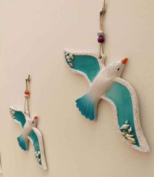 Deniz Kabuğu Süslemeli Polyester Üçlü Uçan Kuş Duvar Süsü - Image 1