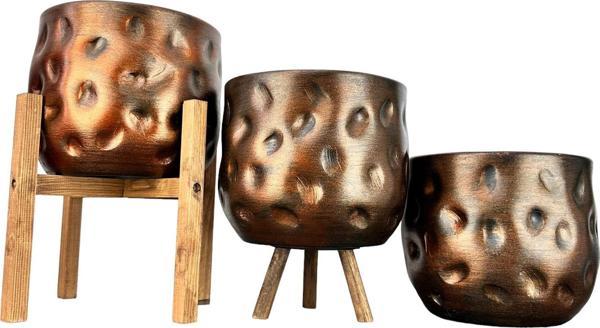 Bitki Tasarımı Ev Dekorasyon Aksesuar Bakır Desenli Toprak Saksı Saksılık Salon Çiçeklik Üçlü Set 19 CM - Image 1