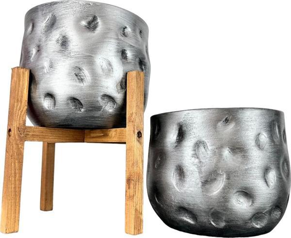 Bitki Tasarımı Ev Dekorasyon Aksesuar Gümüş Desenli Toprak Saksı Saksılık Salon Çiçeklik İkili Set 4 Ayaklı - Ayaksız 19 - Image 1