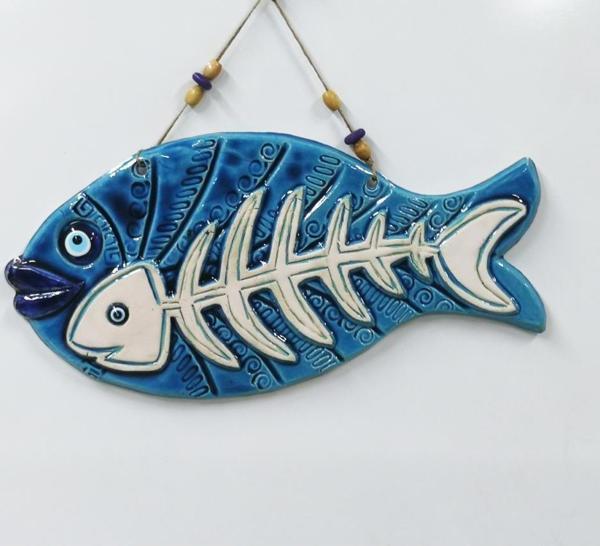 Seramik Kılçıklı Balık Dekoratif El İşi Duvar Süsü Büyük Boy Nazarlık - Image 1