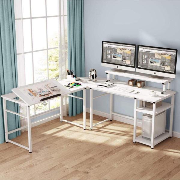 Zizuva Tasarım Beyaz L Model Monitör Raflı Çizim Ve Çalışma Masası Modeli - Image 1