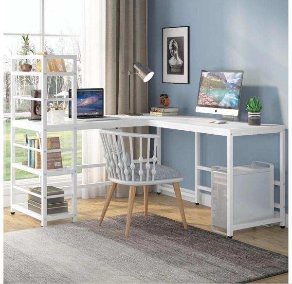 Zizuva Tasarım Kitaplıklı L Model Beyaz Çalışma Masası - Image 1