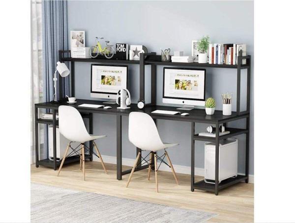 Zizuva Tasarım 2 Kişilik Raflı Ergonomik Siyah Çalışma Masası - Image 1
