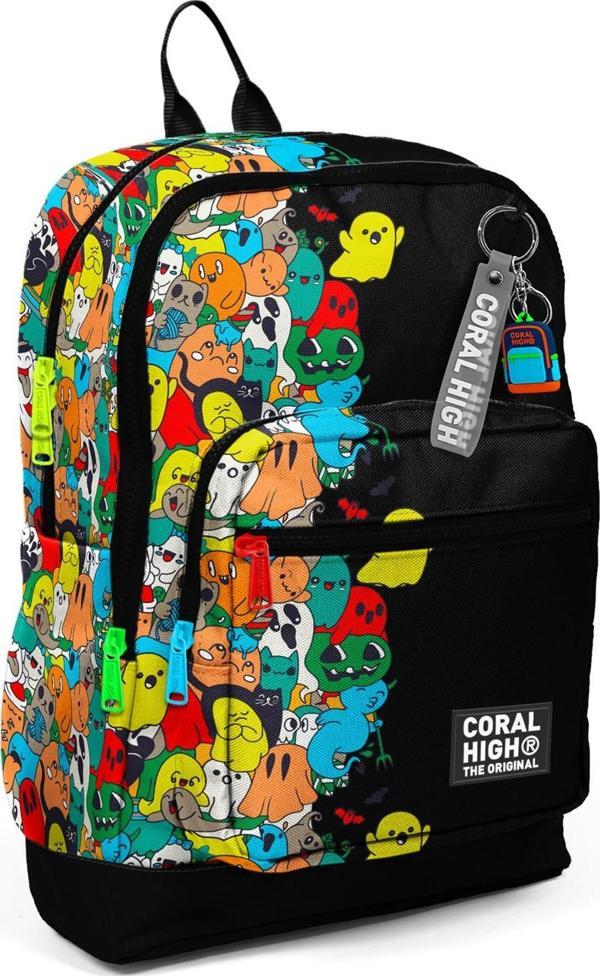Coral High Kids Siyah Karikatür Desenli Dört Bölmeli Okul Sırt Çantası 23774 - Image 1