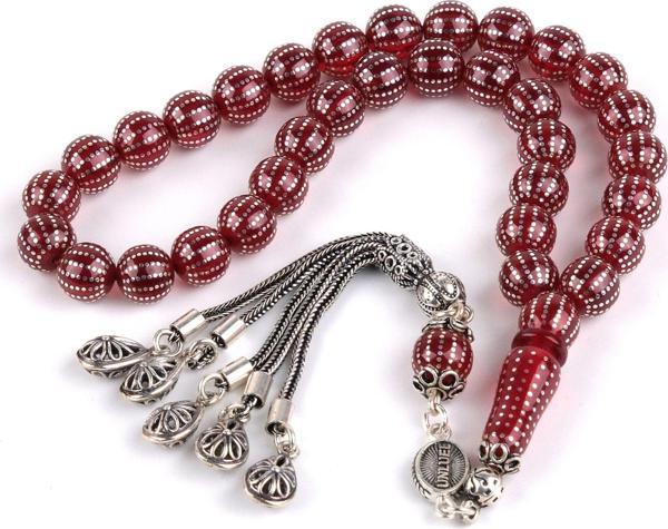 Ateş Kehribar 925Ayar Gümüş Çakım ve Püskül Küre Kesim 8mm Tesbih - Image 1