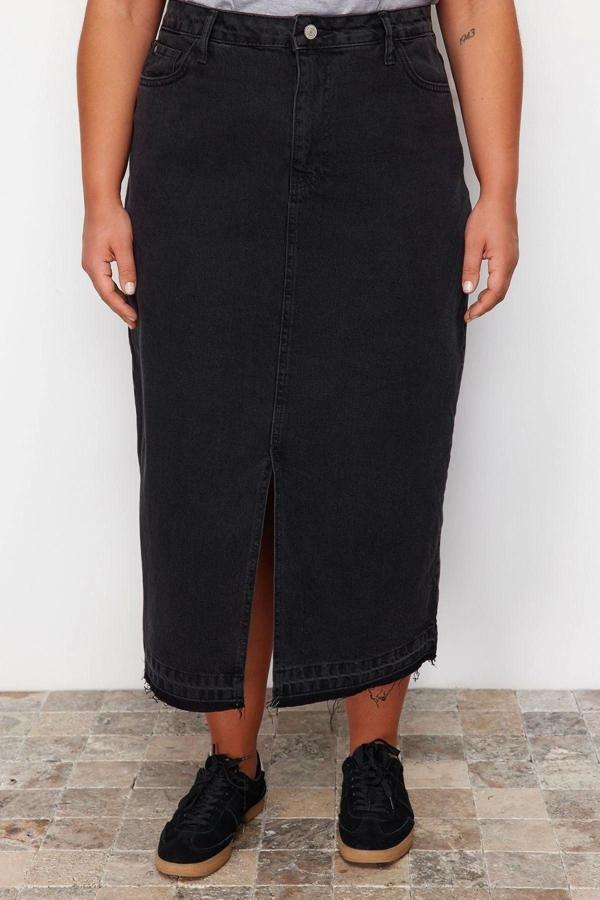 Moda Büyük Beden Regular Düz Desen Günlük Midi Boy Denim Büyük Beden Etek - Image 1