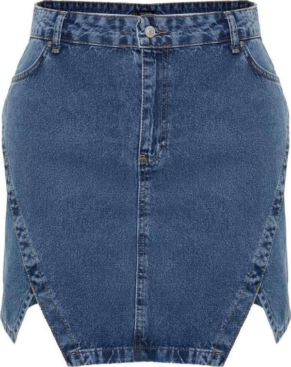 Moda Büyük Beden Regular Düz Desen Günlük Mini Boy Çift Yırtmaçlı Denim Etek - Image 1