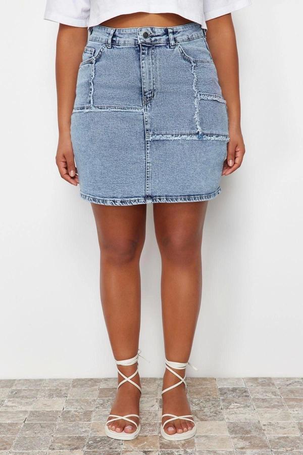 Moda Büyük Beden Regular Düz Desen Günlük Mini Boy Dikiş Ve Püskül Detaylı Mini Denim Etek - Image 1
