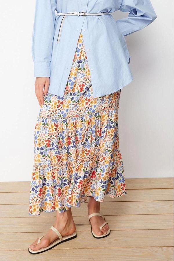 Moda Tesettür A-line Çiçekli Desen Günlük Maxi Boy Renkli Dokuma Etek - Image 1