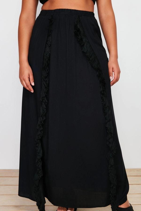 Moda Büyük Beden Regular Düz Desen Plaj Maxi Boy Dokuma Püsküllü Yırtmaş Detaylı Plaj Giyim Etek - Image 1